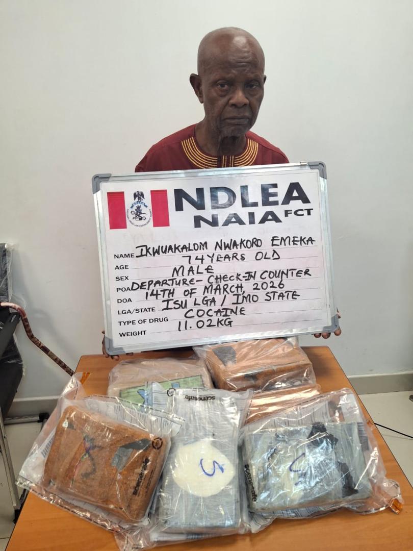 NDLEA arrests 74-year-old man with 11kg cocaine at Abuja airport
‎