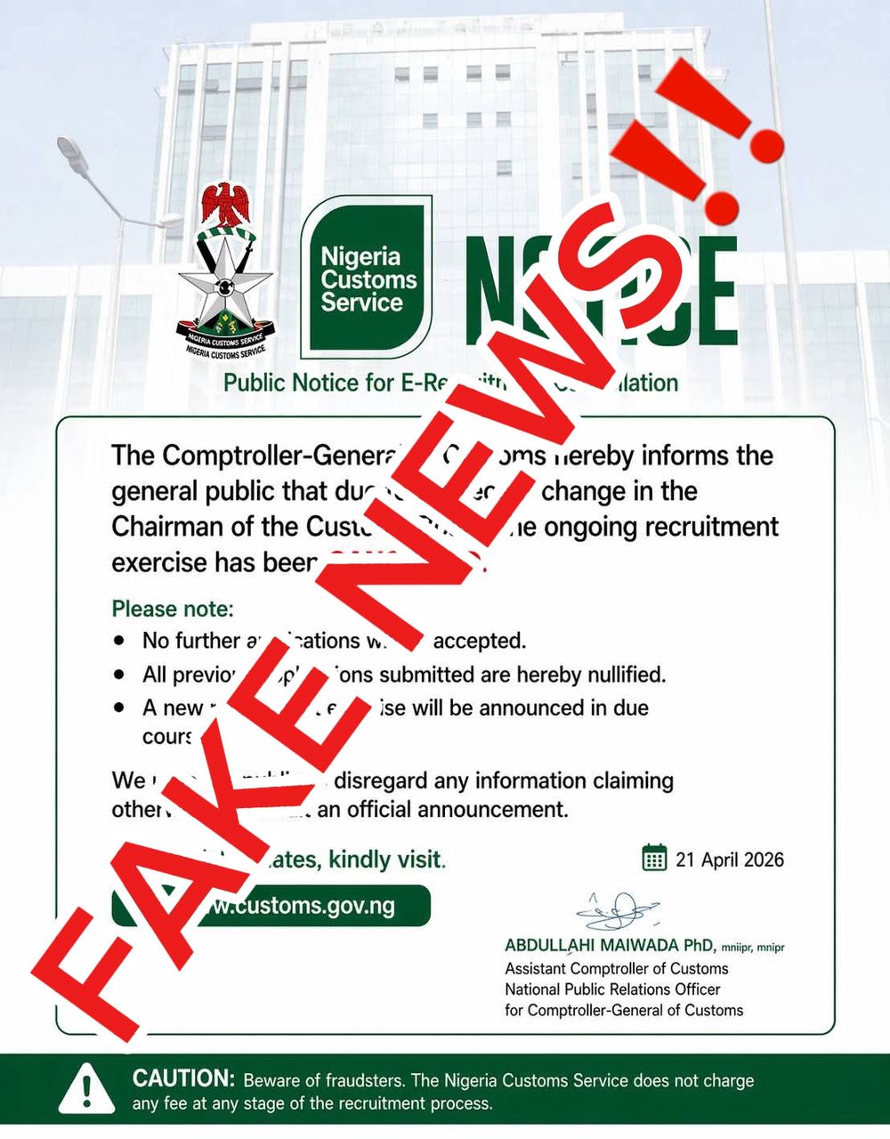 Customs Raises Alarm Over Fake Recruitment Cancellation Notice